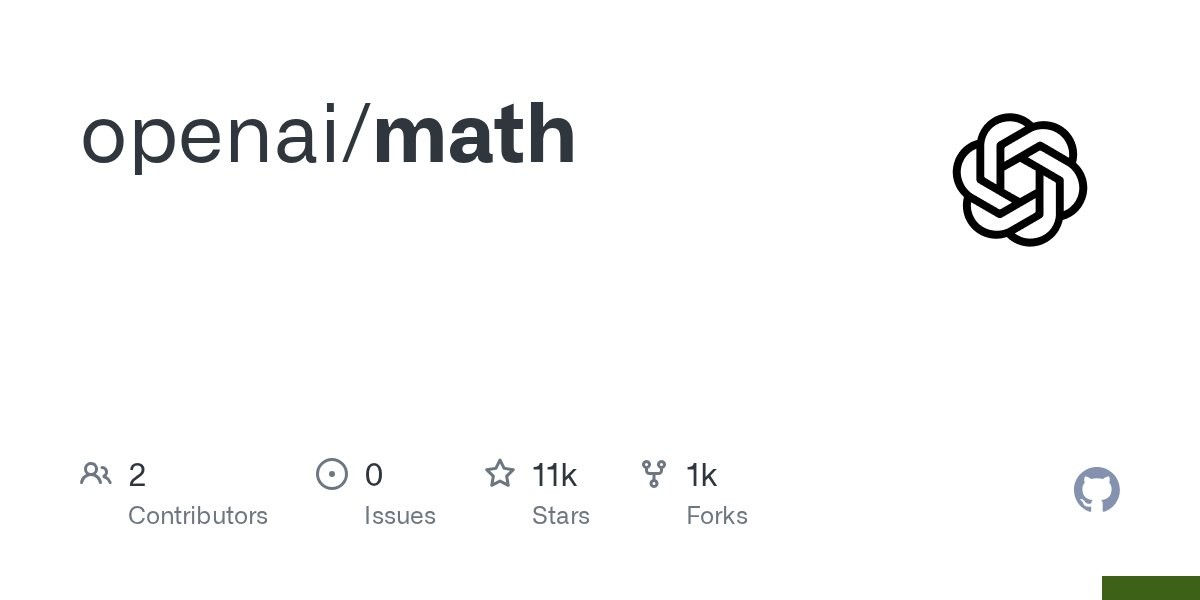 GitHub preview card for the openai/math repository, showing the OpenAI logo and activity counts.