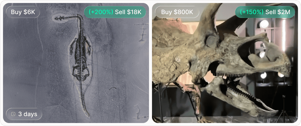 Keichousaurus: $6,000 purchase and $18,000 sale after three days; Triceratops: $800,000 purchase and $2 million sale.