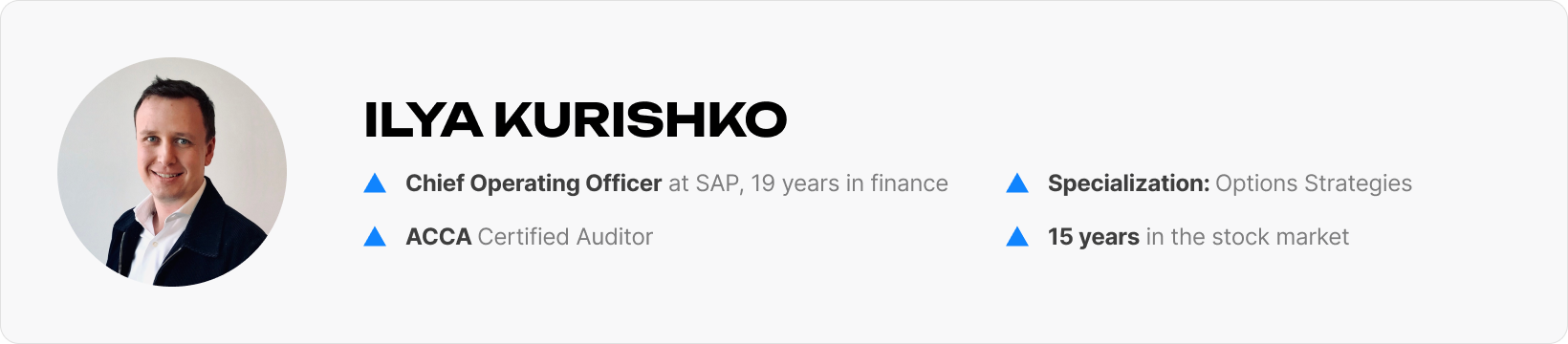 Ilya Kurishko – 15 years in capital markets, Chief Operating Officer at SAP, 19 years in finance, ACCA Certified Auditor, specializing in options strategies.