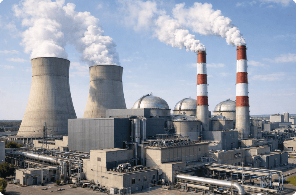 Nuclear power plant with cooling towers and reactor domes