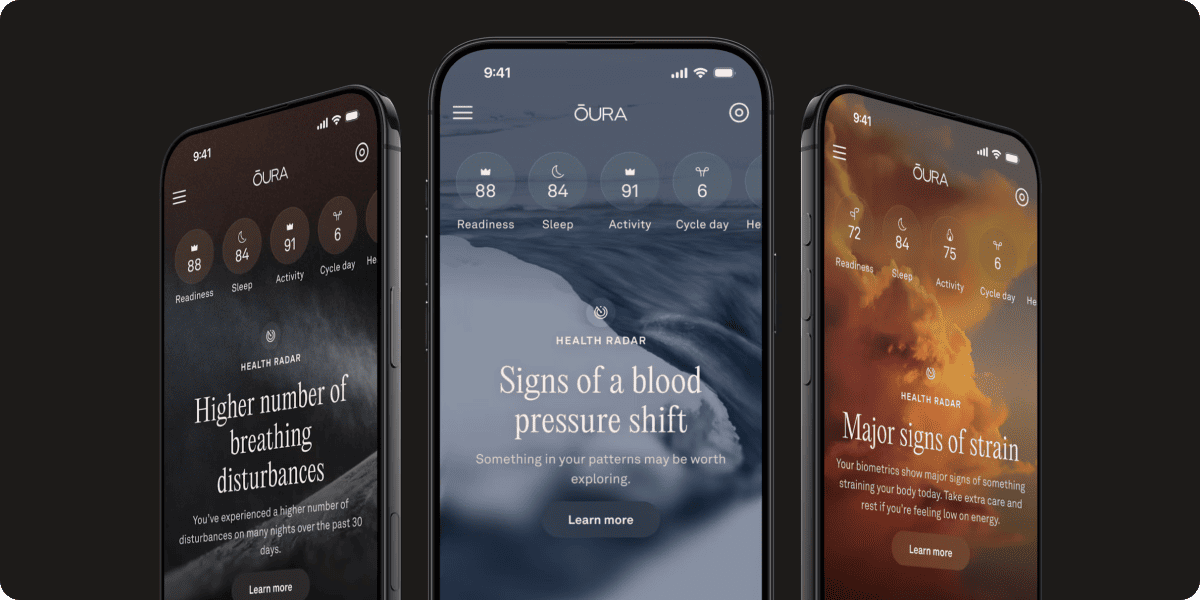 Oura app interface showing sleep, activity, readiness scores, and personalized health alerts.